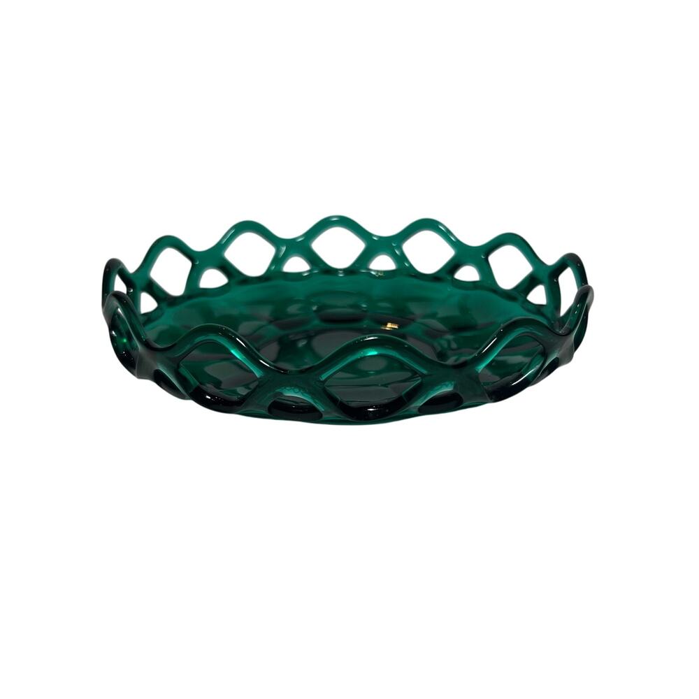Vintage 70s Emerald Green Imperial Glass Candy Dish Open Cane Crochet Lace Edge
